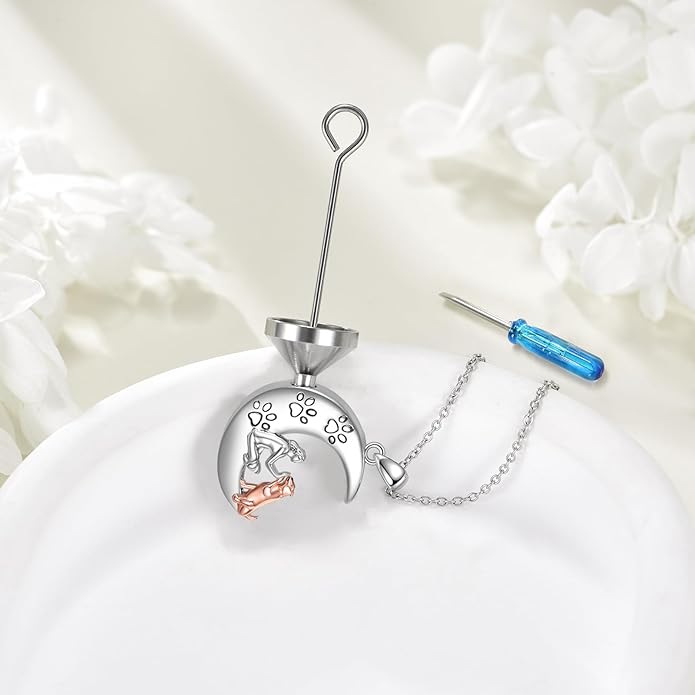 TIGER RIDER Memorial Urn Necklace for Dog Cat Pets Ashes 925 Sterling Silver Dog Paw Pendant Cremation Jewelry Memorial Ash Keepsake for Women (moon and dog)