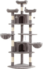 SHA CERLIN 73" Space-Saving Cat Tree/Multi-Level Tall Cat Tower with Perches/Scratching Posts/Condo & Hanging Baskets/Modern Fan-Shaped Design for Indoor Kitties/Pet Activity House/Grey