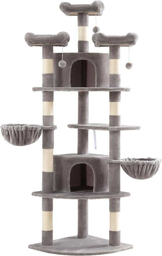 SHA CERLIN 73" Space-Saving Cat Tree/Multi-Level Tall Cat Tower with Perches/Scratching Posts/Condo & Hanging Baskets/Modern Fan-Shaped Design for Indoor Kitties/Pet Activity House/Grey