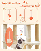 Taoqimiao Cat Tree, 66.2-Inch Cat Tower for Indoor Cats, Plush Multi-Level Cat Condo with 7 Scratching Posts, 2 Perches, 2 Caves, Hammock, 2 Pompoms, Beige MS013M