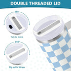Boccsty Checkered Colorful Blue Insulated Tumblers Reusable Stainless Steel Tumbler 40 oz Cup Coffee Travel Mug Water Bottle with Handle & Flip Straw for Home Office Car