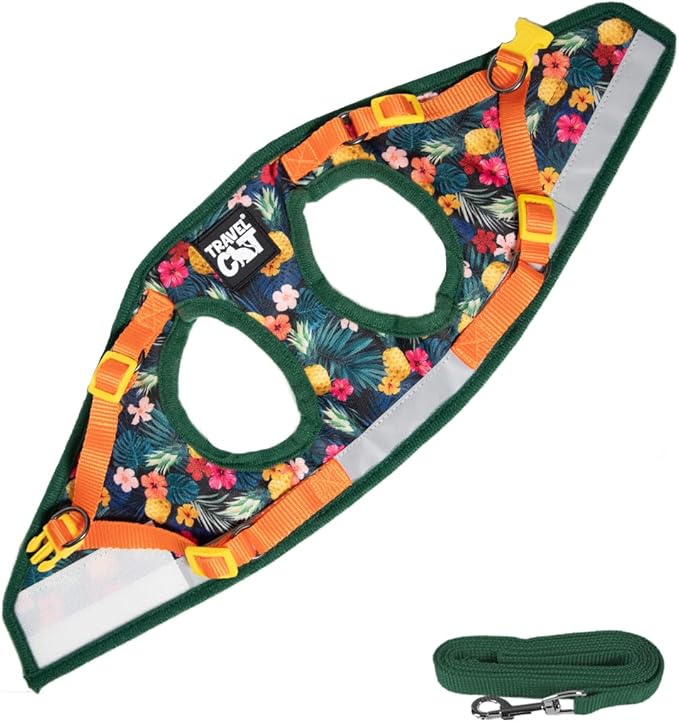 Travel Cat Harness and Leash Set - Adjustable Fit Mesh Cat Harness and Reflective Strap - Comfort Walking Vest for Kitten for Outdoor Walking, Hiking (Large, Hawaiian)
