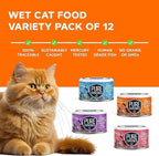 Wet Cat Food Variety Pack Tuna, Salmon, Sardines, Tuna/Salmon in Gravy, 100% Mercury-Tested, Moist Can Fish for Cats, Grain-Free, Protein, Non-GMO, Pack of 12