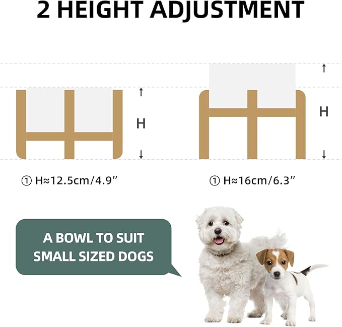 Ceramic Raised Dog and Cat Bowl Set, 2 Heights Elevated Stand, Food and Water Bowl for Small Breed Dogs, Weighted Dog Dishes, Pet Bowl(6.1'',28.7oz, White)