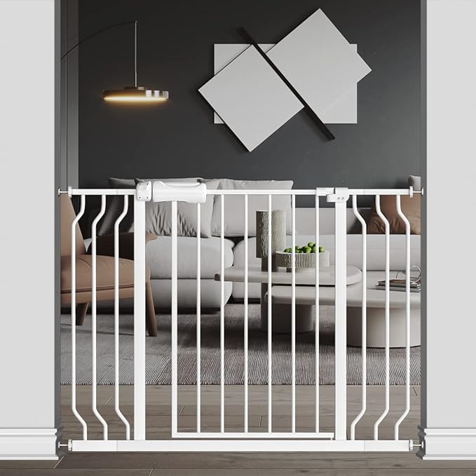 TSAYAWA Extra Wide Baby Gate with Door,38.5-43.3 Inch Walk Through Large Long Child Gates for Stair Doorway - Indoor TSAYAWA Outdoor Safty Gate for Toddler Pet Dog Doggie White