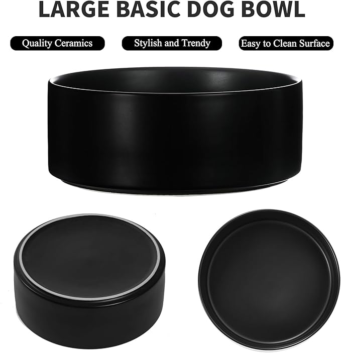 8'' Ceramic Raised Dog Bowl - 70Oz Dog Food & Water Bowl with Elevated Non-Slip Bamboo Stand, Dishwasher & Microwave Safe, Anti Vomiting Heavy Duty Pet Bowl for Medium and Large Dogs, Black