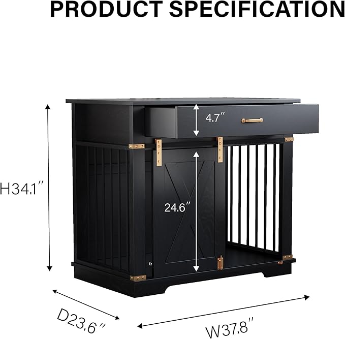 37.8'' Dog Crate Furniture with Storage Drawer, Decorative Wooden Dog Kennel with Sliding Barn Door, Indoor Water Resistant Cage for Pet, Small, Medium, Large Dog (Black Gold Oak)