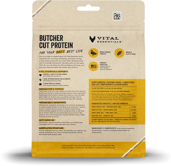 Vital Essentials Freeze Dried Raw Protein Mix-in Dog Food Topper, Duck Mini Nibs Topper for Dogs, 6 oz