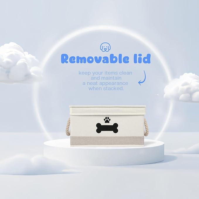 Dog Toy Basket with Lid, Dog Basket for Toys, Dog Toy Box with Cotton Rope Handles, Collapsible Storage Bins for Dog Toys, Dog Storage Organizer, Beige-Gray