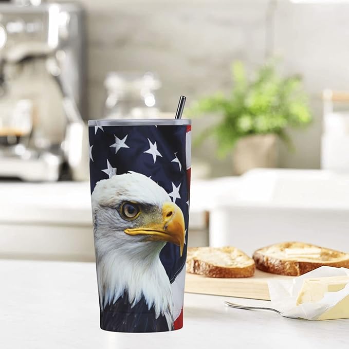 Dujiea 20oz Tumbler With Lid And Straw, American Flag Eagle Vacuum Insulated Iced Coffee Mug, Reusable Travel Cup Stainless Steel Water Bottle
