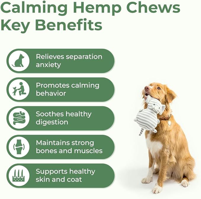 Calming Hemp Chews for Dogs - Relieve Anxiety & Stress - Organic Hemp, Chamomile, Protein Powder, Valerian Root - Natural Calming Aid - Vet Formulated, USA Made - Duck Flavor - 120 Count