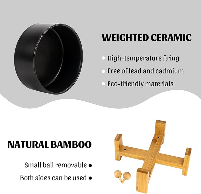 SPUNKYJUNKY 15° Slanted Ceramic Dog and Cat Bowl with Wooden Stand, Tilted Bulldog Food and Water Bowl No Slip Non-Spill for Cats Medium Dogs Big Face Pets 28.7 OZ (3.6 Cups, Black)