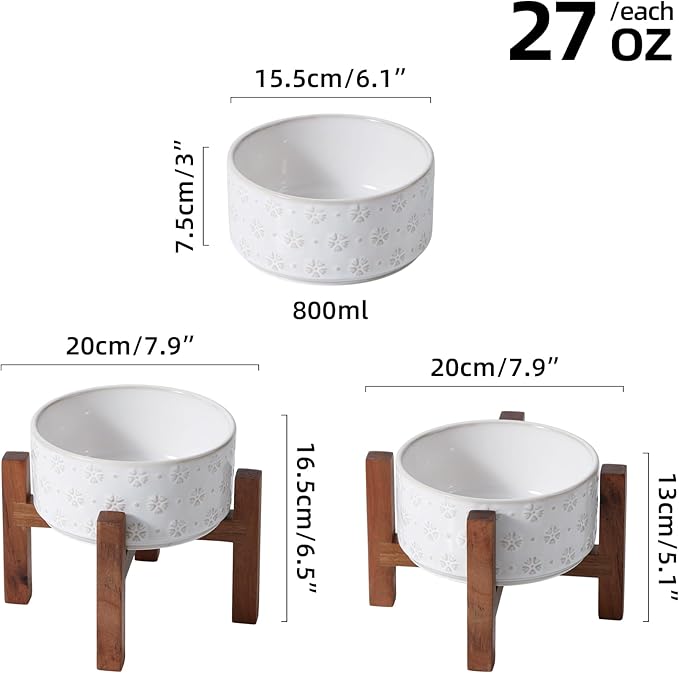 Ceramic 6.1inch Raised Dog and Cat Bowl Set, 2 Heights Elevated with Acacia Wood Stand, Food and Water Bowl for Small Breed Dogs, Weighted Dog Dishes(27oz, Arctic White)