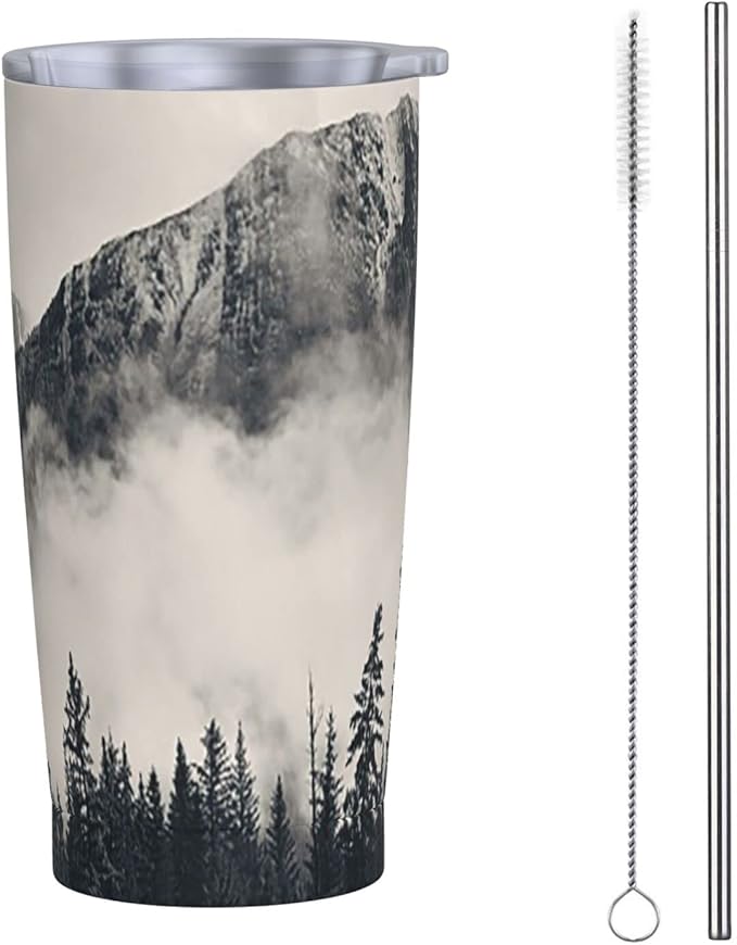 Dujiea 20oz Tumbler With Lid And Straw, Foggy Mountains And Trees Vacuum Insulated Iced Coffee Mug Reusable Travel Cup Stainless Steel Water Bottle
