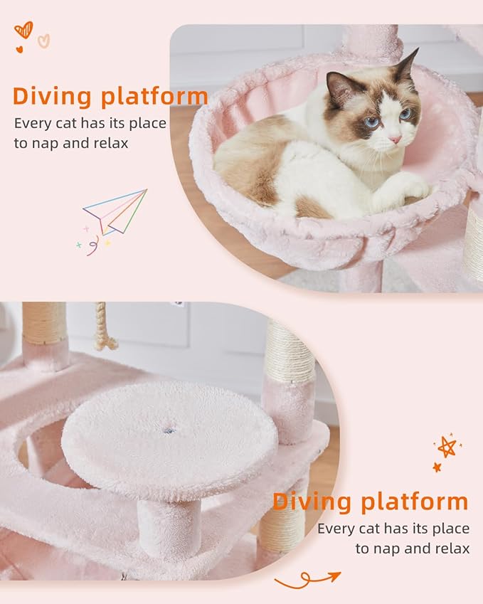 Taoqimiao Cat Tree, 71-Inch Cat Tree Cat Tower for Indoor Cats, Plush Multi-Level Cat Condo with 10 Scratching Posts, 2 Perches,Basket, 2 Caves,Hammock, 2 Pompoms,MS020P Jelly Pink