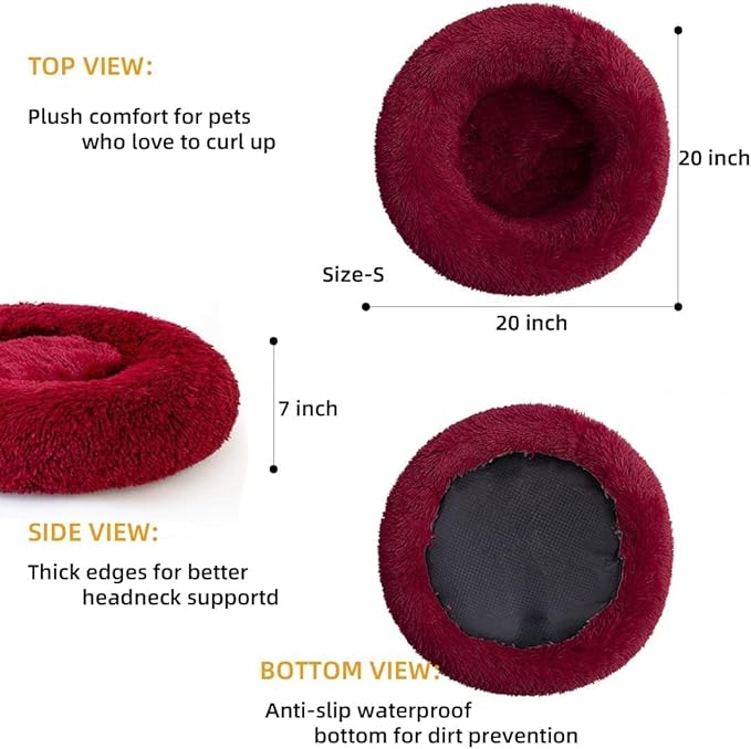 Cat Beds for Indoor Cats - Cat Bed Washable 24 inches, Dog Beds for Small Medium Dogs, Anti Anxiety Round Fluffy Plush Faux Fur Cat Bed, Thick Bottom (Red, Large)