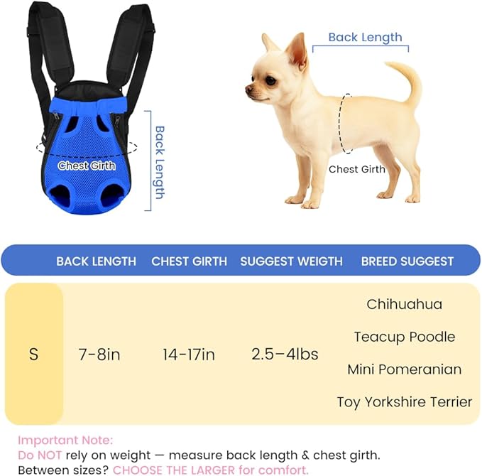 Dog Backpack Carrier, Adjustable Pet Front Carriers, Legs Out Carrying Sling Travel Bag for Small Medium Dogs 2.5-4 Lbs, Soft Wearable Puppy Chest Carry Backpacks for Walking/Hiking/Camping/Traveling