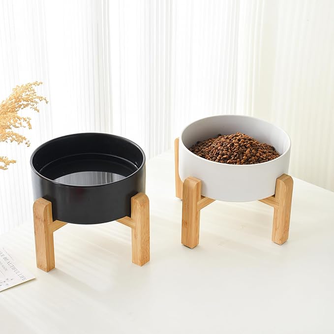 8'' Ceramic Raised Dog Bowl - 70Oz Dog Food & Water Bowl with Elevated Non-Slip Bamboo Stand, Dishwasher & Microwave Safe, Anti Vomiting Heavy Duty Pet Bowl for Medium and Large Dogs, Black