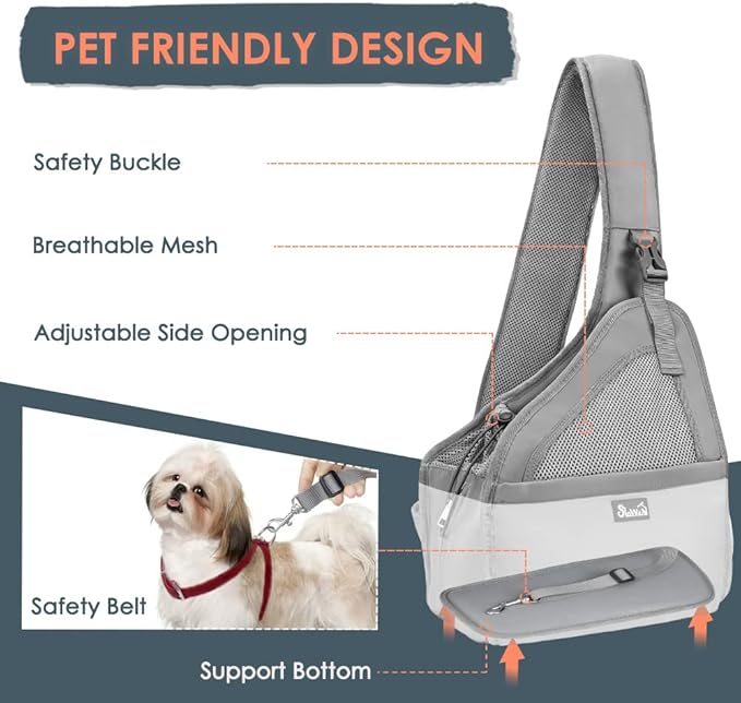 SlowTon Pet Dog Sling Carrier, Hands Free Hard Bottom Papoose Small Animal Puppy Up to 12 lbs Travel Bag Tote Breathable Mesh Support Adjustable Padded Strap Pocket Safety Belt Machine Washable