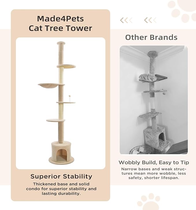 Made4Pets Floor to Ceiling Cat Tree 93-106'',Tall Cat Tower 5 Tiers, Adjustable Height, Stable Cat Tree Tower with Scratching Posts, Fluffy Condo, Hammock and Ball Toy for Indoor Cats/Kitten, Beige