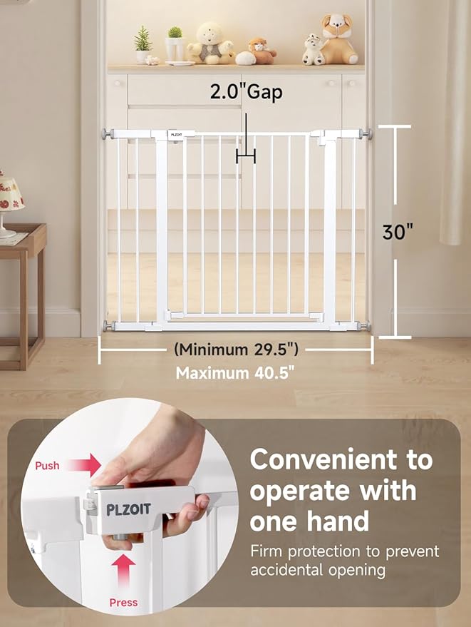 29.5-40.5" Baby Gate for Stairs, Dog Gate for Doorways, Walk Thru Auto Close Metal Baby Safety Gate for The House, Stairs and Doorways, Child Gate Pressure Mounted, Pet Gate for Dog Indoor - White