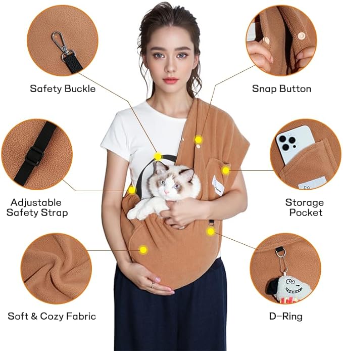 Dog Sling Carrier - Dog Sling for Small Dogs up to 10 lbs, Dog Carrier Sling with Adjustable Safety Strap & Buckle,Portable Dog Slings for Travel, Hands Free Cat Sling (Khaki)