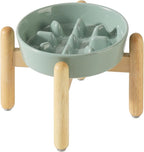 7.3inch Ceramic Dog Raised Slow Feeder Set, Elevated Bowl with Wooden Stand for Medium and Small Dog, Slow Feeder Dish for Fast Easters(Light Green, Single Bowl+ Stand)