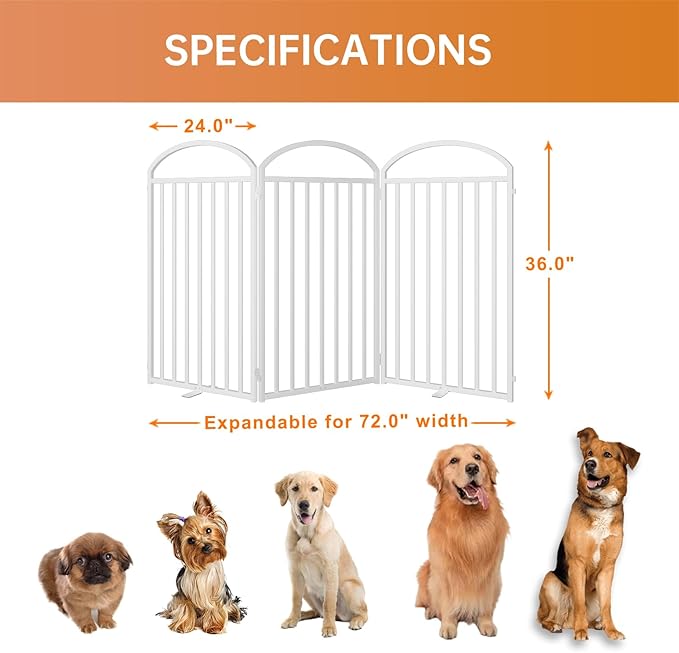 3 Panles Full Matel Freestanding Dog Gates with Door, 72"Extra Wide 36"Tall Free Standing Dog Pet Gate for Indoor & Outdoor. Foldable Pet Fences for Doorways, House, Stairs, Porch, Deck, Yard