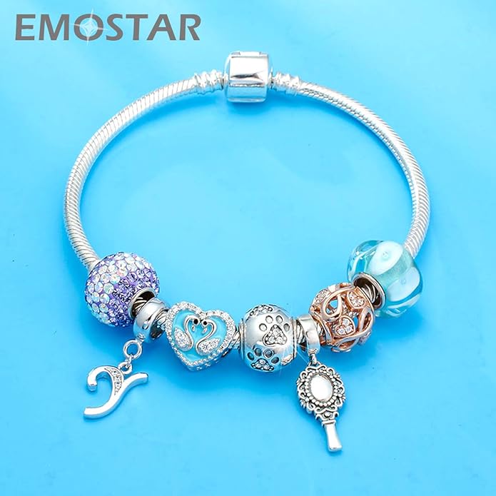 EMOSTAR Dog Paw Print Charms with Various Birthstone Crystals, 925 Sterling Silver Pawprint Beads for 3mm Snake Chain, Pet Lover Gifts for European Women Bracelet