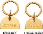 Solid Brass PET TAG - Modern, Minimal Pet IDs. Durable, Lifetime Tags with deep Cut Text. Includes Space for Two Phone Numbers. (Arch)