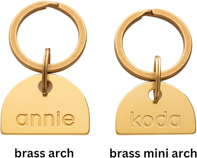 Solid Brass PET TAG - Modern, Minimal Pet IDs. Durable, Lifetime Tags with deep Cut Text. Includes Space for Two Phone Numbers. (Arch Mini)