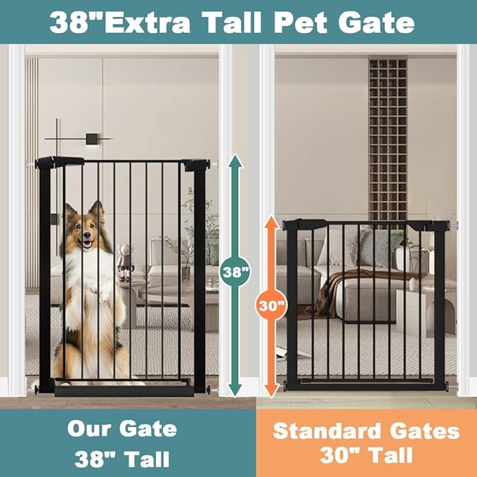 38.5" Extra Tall Dog Gate 79.13"-81.89" Wide - Long Large Pressure Mounted Baby Gates with Door for The House Stairs Doorway - Walk Through Toddler Puppy Pet Safety Fence Gate Black