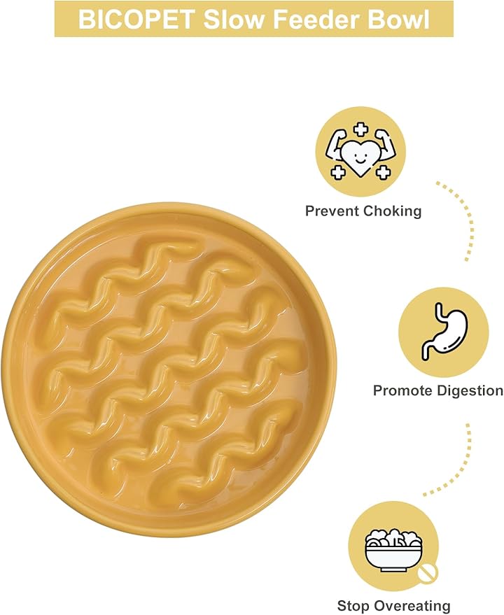 Ceramic Maze Dog Slow Feeder with Non-Slip Silicone Rim – Heavy-Duty Stoneware Bowl with Puzzle Pattern for Bloating & Obesity Prevention (Yellow-M)