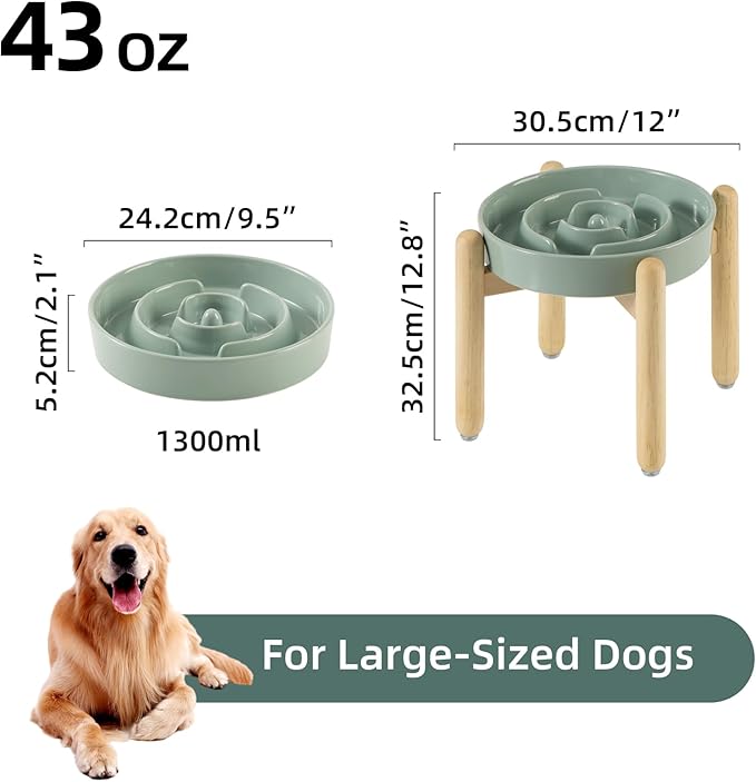 9.5inch Ceramic Raised Slow Feeder Dog Bowl Set, Elevated Bowl with Wooden Stand for Large Dog, Puzzle Slow Pet Food Dish, Preventing Choking(Light Green, Single Bowl+ Stand)
