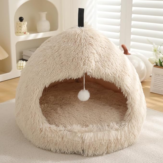 Hezotco Extra Large 24.8 in Cat Bed for Indoor Cats, Soft Fluff Indoor Dog House &Cat Cave for Small Dogs. Pet House for Puppy with Cat Teasing Ball (Light Brown)