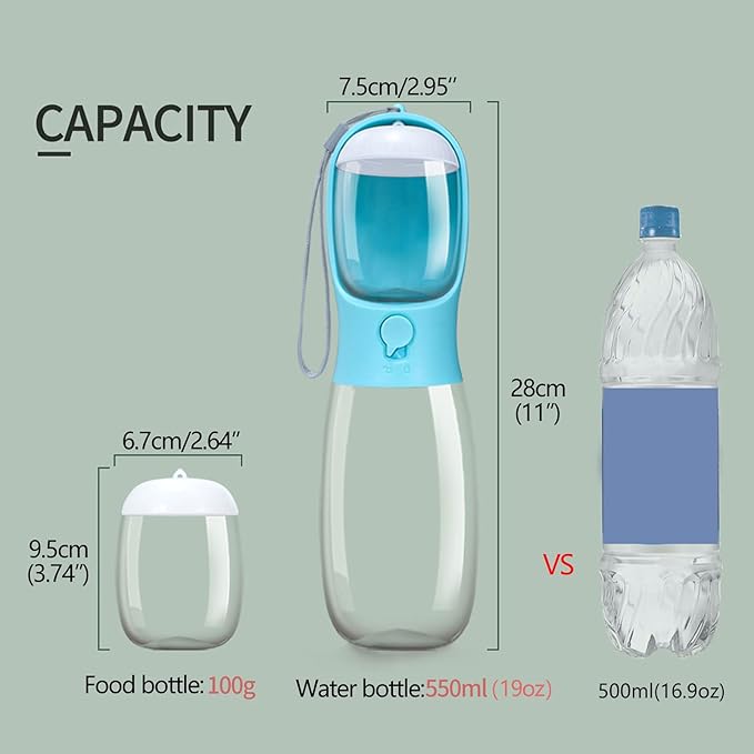 Portable Dog Water Bottle with Food Container,15oz Leak-Proof Pet Water Dispenser for Dogs, Cats, Puppies,Built-in Activated Carbon Filter for Travel,Hiking, Walking,and Outdoor Activities