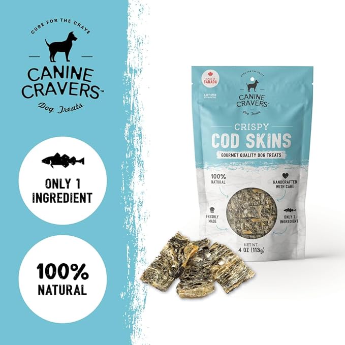 Canine Cravers Single Ingredient Dog Treats – Wild Caught Crispy Cod Skins - Human Grade Air Dried Hypoallergenic Pet Food – Grain, Gluten, and Soy Free – 100% All Natural – 4 oz