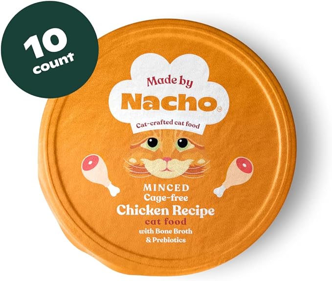 Made by Nacho Wet Cat Food, Cage-Free Minced Chicken in Bone Broth for Hydration with Prebiotics for Digestive Health, High Protein, 2.5oz Cups (10 Pack), Limited Ingredients