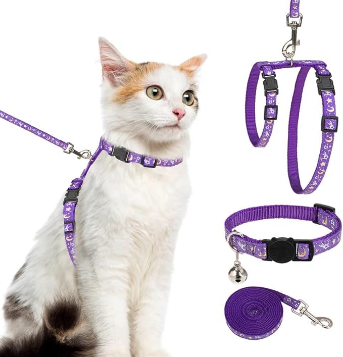 PAWCHIE Cat Harness with Leash and Collar Set - Escape Proof Adjustable H-shped Cat Harness with Star and Moon Pattern Glow in The Dark for Kitty Outdoor Walking