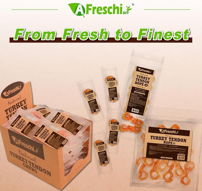 Afreschi Natural Turkey Tendon Rope (S) Pack of 4, Dog Treats for Signature Series, All Natural Human Grade Puppy Chew, USA-Sourced Turkey Tendon, Hypoallergenic, Rawhide Alternative
