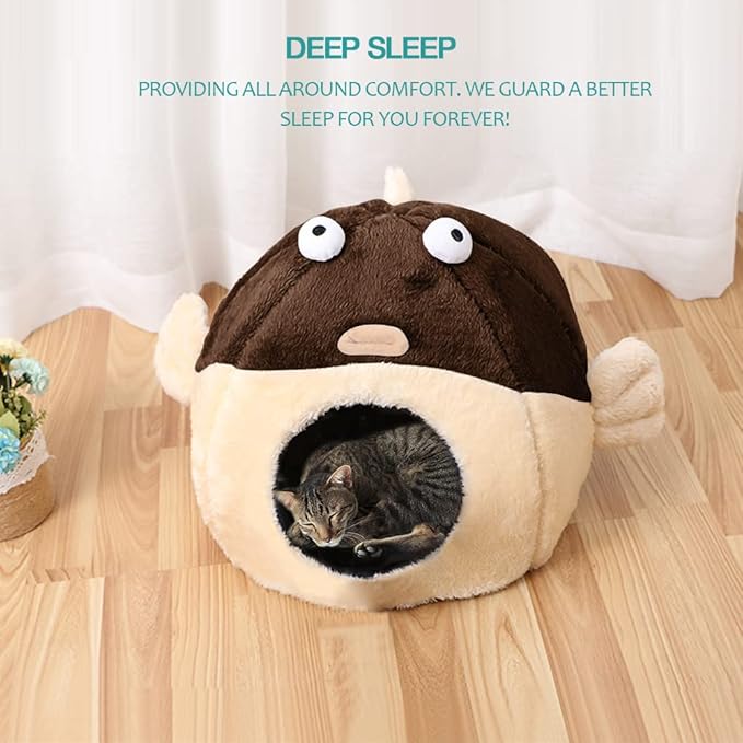 Cat Beds for Indoor Cats - Cat Bed Cave with Removable Washable Cushioned Pillow, Soft Plush Premium Cotton No Deformation Pet Bed, Lively Pufferfish Cat House Design, Brown, Multiple Sizes(S)