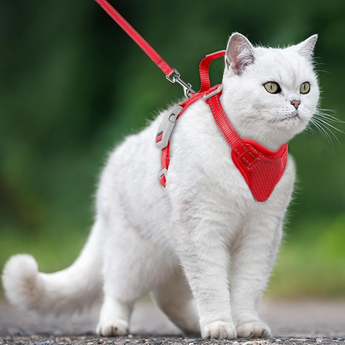 Cat Harness and Leash Set Escape Proof for Kitten Walking, Soft Adjustable Top Handle Vest Harnesses for Cats, Easy Control Breathable Reflective Small Medium Large, Red, M