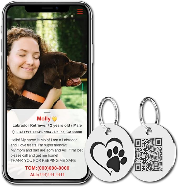 MYLUCKYTAG Stainless Steel QR Code Dog Tags - Scan QR for Instant Pet Location Alerts