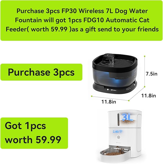 Wireless Dog Water Fountain,Battery Operated Dog Water Dispenser with Motion Sensor, 237 oz/ 7L Cordless Fountain Water Bowl 3 Work Modes for Large Dogs Cats Multi-Pets - FP30