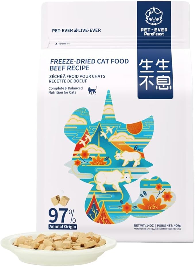 Freeze-Dried Raw Cat Food, 97% Animal Origin Dry Food for Cat, High Protein Treat & Topper (Beef Recipe - 14 Ounce)