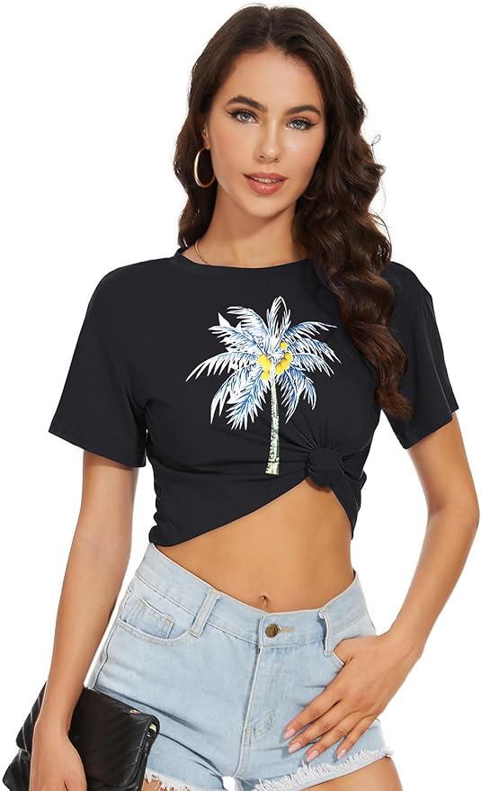 Womens Summer Crop Tops Short Sleeve Round Neck T-Shirts Loose Fit Casual Blouse