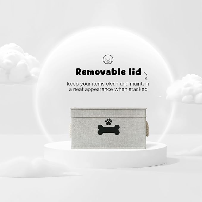 Dog Toy Basket with Lid, Dog Basket for Toys, Dog Toy Box with Cotton Rope Handles, Collapsible Storage Bins for Dog Toys, Dog Storage Organizer, Gray