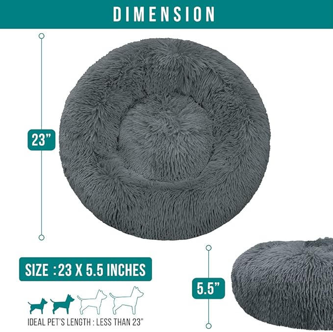 PetAmi Calming Dog Bed for Small Medium Dog Cat, Round Donut Washable, Fluffy Faux Fur Plush Cuddler Pet Kitten Cushion, Anti-Slip, Fits up to 25 lbs, 23 inch, Dark Gray