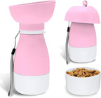 Portable Pet Water Bottle - 20 oz with 8.8 oz Food Container,Silicone Leakproof Travel Bottle for Dogs Cats, Detachable Feeding Dish for Walking Hiking Travel Pink