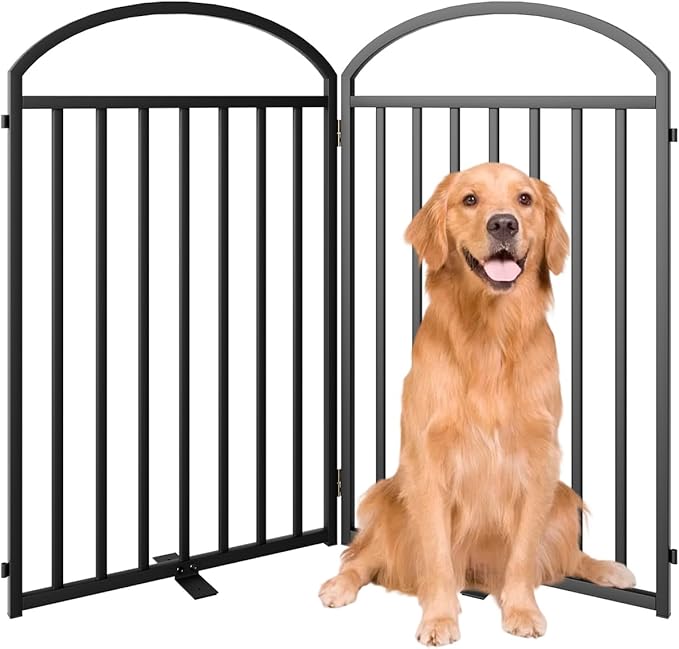 2 Panels Full Matel Freestanding Dog Gates with Door, 48"Extra Wide 32"Tall Free Standing Dog Pet Gate for Indoor & Outdoor. Foldable Pet Fences for Doorways, House, Stairs, Porch, Deck, Yard